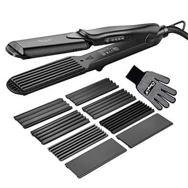 Plancha de pelo 4 en 1, con 4 placas intercambiables de rizador plano de cerámica, alisador de pelo con guante antiquemaduras, rizadores para textura en zigzag y volumen