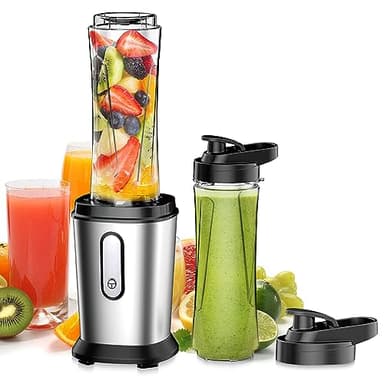 Batidora de Vaso, 500W Batidora Smoothies, Mini Batidora Portatil Batidora de Vaso Individual con 2 Botellas de 600 ml de Plástico Tritan, Licuadora para Zumos, Batidos, Verduras, Frutas