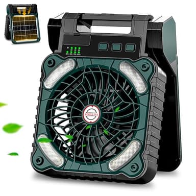 Sendowtek Ventilador Solar para Camping 10400mAh, Portátil Potente y Silencioso 4 Velocidades con Luz LED y Temporizador, Ventilador Batería Recargable USB para Tienda Exterior Camper Viaje Mesa