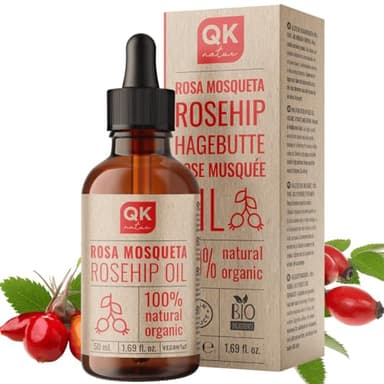 QKnatur - Aceite de Rosa Mosqueta 100% Puro Orgánico Vegano - 50 ml - Para Cicatrices y Estrías - Antiarrugas y Antiedad- BIO Vegetal - Prensado en Frío - Botella de vidrio + Bomba