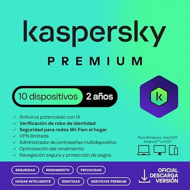 Kaspersky Premium Total Security 2025 | 10 Dispositivos | 2 años | Anti-Phishing y Firewall | VPN ilimitada | Gestor de contraseñas | Control parental | Soporte 24/7 | PC/Mac/Móvil | Código por email