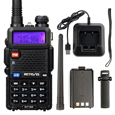Retevis RT5R Walkie Talkie, Radio Caza, Walkie Talkie Profesional, Largo Alcance, Doble Banda, Chirp, 128 Canales, FM, Linterna, VOX, Type-C, Alarma de Emergencia, (Negro, 1 Pieza)
