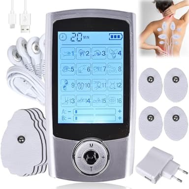 TENS Dispositivo de 16 modos, dispositivo de alimentación recargable contra el dolor, 16 programas de entrenamiento, 20 niveles de intensidad, 2 canales, almohadillas electrodos premium, dispositivo