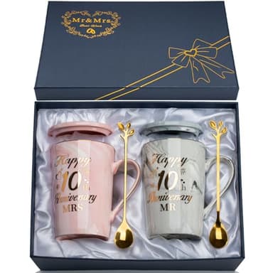 YIKILYLIFE Regalos 10 Aniversario de Boda Tazas 2PCS 400ml, Regalos para 10 Aniversario Cerámica Jaspeada Taza con Cucharas, Tarjetas, Cajas de Regalo