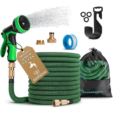 HOMEPROTEK Manguera Extensible 15m - Manguera Jardin con Pistola Riego de 9 Funciones - Manguera Jardin Enrollable para Riego de Jardin con Conectores de Latón de 1/2" y 3/4" Garden Hose