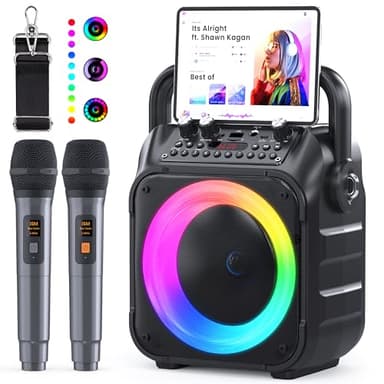 Karaoke 2 Microfonos Inalambricos Ankuka [Versión Actualizada] Altavoz con Microfono de 12W con Subwoofer de 6,5", Autonomía de 8H, Soporta TV/Smartphone/TWS/AUX/USB, Regalo para Niños y Adultos