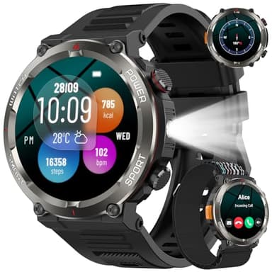 Reloj Inteligente Hombre, 1.45" Smartwatch Hombre con Linterna y Brújula, Smartwatch con Llamadas Bluetooth, 120+ Modos Deportivos, 2 Correas, IP68 Impermeable Reloj Inteligente para Android iOS