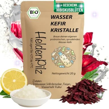 HeldenPilz Kit de iniciación de kéfir de agua orgánico (30 g) – Juego de kéfir con tubérculos de kéfir activos | Comprar seta de kéfir | Cristales de kéfir de agua orgánicos | Kit de kéfir DIY