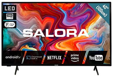 Salora TV 40 Pulgadas Smart TV LED, 40″ Full HD – Android con Wi-Fi Integrado, Sintonizador DVB-T2/S2 HEVC Main10, HDMI ARC, USB, Chromecast, MHL, Modo Juego, Eficiencia Energética F, Slim Negro