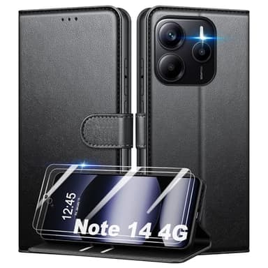 Mofurd Funda para Xiaomi Redmi Note 14 4G (No para 5G) + 2 * Protector de Pantalla de Vidrio Templado, [Bloqueo RFID] Funda con Tapa de Cuero PU Protector [Ranuras para Tarjetas] [Soporte], Negro