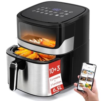 Aigostar Freidora de Aire 6.5L, Freidora sin Aceite con Ventana, 10 programas, Pantalla Digital Táctil, Precalentamiento Inteligente, Descongelación, DIY, La luz es controlable, Acero Inox. Balloon