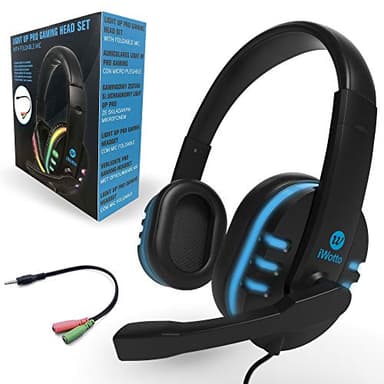 Cascos Gaming iWotto, Auriculares Gaming De Diadema Cancelación Ruido, Auriculares con Micrófono Flexible, Orejeras Cómodas Iluminación RGB para PS4 Xbox One PC Tablet