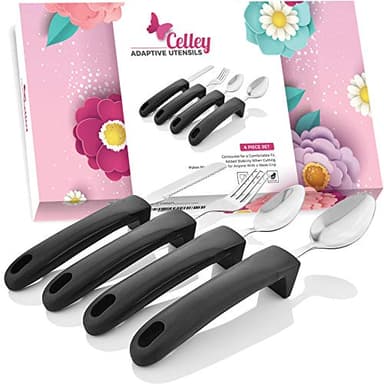 Celley Adaptive Eating Utensils - Utensilios de cocina para Parkinson, Artritis, MS, Mayores, Tréboles de Manos, Handicapped - 4 piezas de cuchillos de fácil agarre, tenedor, 2 cucharas