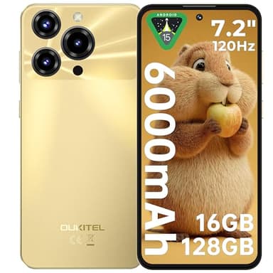OUKITEL C69 Teléfonos Inteligentes - 7,2 Pulgadas HD+ 120Hz 16GB RAM+128GB ROM/TF 1TB Telefonos Moviles Libres, 64MP+8MP, Batería 6000mAh, Android 15 Smartphone, 4G Dual SIM/Face ID/Fingerprint-Dorado