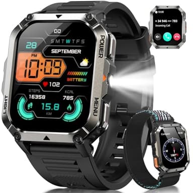 IOWODO Reloj Inteligente Hombre, 2.01" Militar Smartwatch con Llamadas Bluetooth, 20 Días Batería, Linterna LED, Brújula,123 Modos Deporte, 24h Pulsómetro/SpO2/Sueño, IP68, 2 Correas (iOS/Android)
