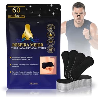 Pack 60 Tiras Nasales Antironquidos para Adultos, Dilatador Nasal para Dormir y Deporte, Mejora la Respiración Nasal y Reduce Ronquidos, Adhesivo Hipoalergénico Alta Fijación, Uso Nocturno y Deportivo