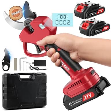 Tijeras De Podar Electricas 50mm, Con pantalla, 2 Baterías De 2000 Mah, Continuado 4-8 Horas, El diámetro de corte es ajustable en dos marchas (35/50mm), Adecuado Para Huertos, Jardines y Granjas