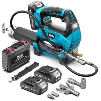 Seesii 12.000 PSI Engrasadora Batería: 3 Velocidades, 2 * 2.0Ah Baterías, Motor Brushless, Pistola de Engrasar Eléctrica con Manguera de 39,4", Acoplador de 90° y Luz LED para Equipos Pesados