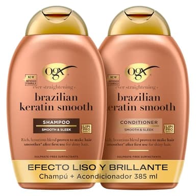 OGX Ever Straightening + Brazilian Keratin Smooth Shampoo y Conditioner, set de champú y acondicionador alisador con keratina, sin sulfatos, para pelo rizado, 2x385 ml