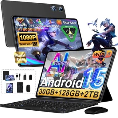 Android 15 Tablet con Teclado y Lapiz - 30 GB RAM+ 128 GB ROM(2 TB TF), Octa-Core, Gemini AI, Tablet 10 Pulgadas, Widevine L1, 8000mAh, 8MP+5MP, Face ID, GPS, 1280 * 800P WiFi 6/Bluetooth 5.0 - Negro