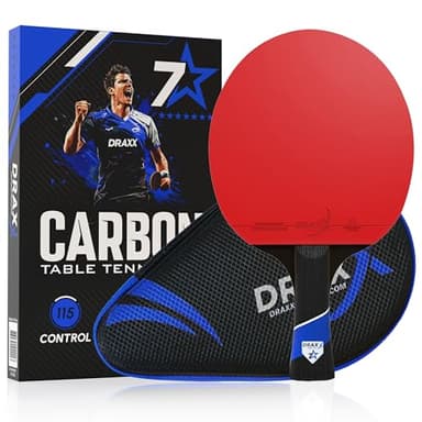 DRAXX SPORTS - Raqueta de Ping Pong Carbono | Grado 7 Estrellas | Confirmado Profesional | para Principiantes & Pro | Funda Protectora Reforzada | Entrenamiento y Competición