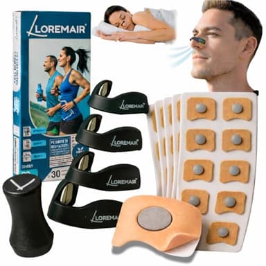 LOREMAIR® Tiras Nasales Magnéticas Deportivas | Tiras Nasales para Dormir | Dilatador Nasal Antironquidos | Mejora la Respiración y Rendimiento | 4 Arcos Magnéticos + Aplicador + 60 Parches (30 Días)