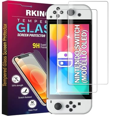 RKINC Protector pantalla [2 Piezas] para Nintendo Switch (modèle OLED), Cristal templado película de vidrio, 9H 0.33 mm [Garantía de por vida][Anti-rasguño][Anti-rotura][Sin burbujas]