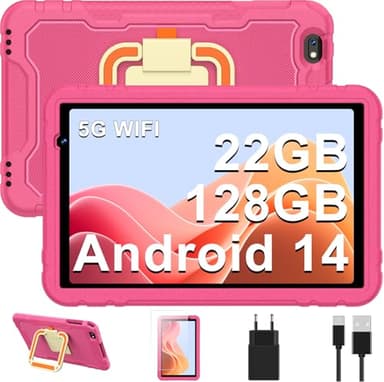 JUEDUR Tablet Niños 10 Pollici Android 14, 22GB RAM + 128GB ROM (TF 1TB), Octa-Core, 8000mAH, Control Parental, Widevine L1, 5G WiFi 6, Bluetooth 5.0, 5MP + 8MP, Funda EVA giratoria 360 Grados-Rojo