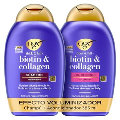 OGX Set Biotin & Collagen Thick & Full+ Shampoo y Conditioner, set champú y acondicionador con Biotina y Colágeno, texturizador de cabello para 72h de volumen, tensioactivos sin sulfatos, 2x385 ml