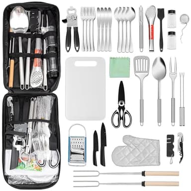 Juego de utensilios de cocina para camping para 4 personas, juego de cocina portátil de 35 piezas de acero inoxidable para exteriores, para camping, viajes, barbacoas, picnics y fiestas