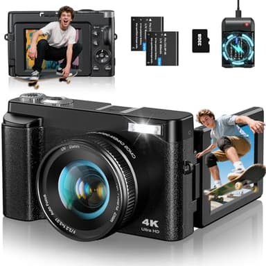 CAMKORY Cámara Digital 4K de 48 MP, cámara compacta, Enfoque automático con Pantalla Flip de 180°, Zoom Digital de 16X, cámara compacta con Tarjeta de 32 GB, 2 Pilas para Principiantes
