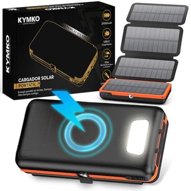 KYMKO® Cargador Solar para móvil 27000mAh con 4 Paneles solares Plegables | Power Bank Solar USB-C 22.5W, Linterna LED SOS, batería Externa IP66 | Ideal para apagones y emergencias HI-S225P