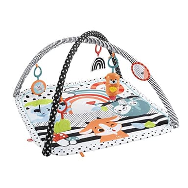 Fisher-Price Gimnasio de actividades musicales 3 en 1 Alfombra con luces, sonidos y accesorios, juguete para bebé recién nacido (Mattel HPF39)
