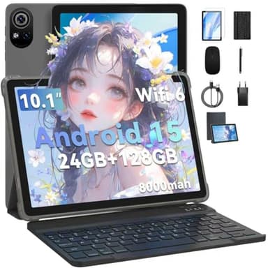 PRITOM Tablet de 10 pulgadas, 4 en 1, 24 GB, 128 GB ROM, Android 15, 1024 GB Expand, Qcta Core, WiFi 6, 8000 Mah, Tablet con teclado, ratón, lápiz capacitivo y funda protectora, gris