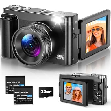 Cámara Digital 4K 48MP Cámara De Fotos Compacta con Pantalla Abatible De 3 Pulgadas a 180°, Autofocus, Zoom Digital 16X y Anti Vibración para Vlogging y Viajes