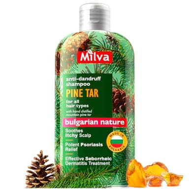 Milva Champú para Dermatitis Seborreica Alquitrán de Pino - 200 ml Natural Anticaspa - Psoriasis Hombre - Shampoo para Cuero Cabelludo Seco y Escamoso - Picor Cuero Cabelludo