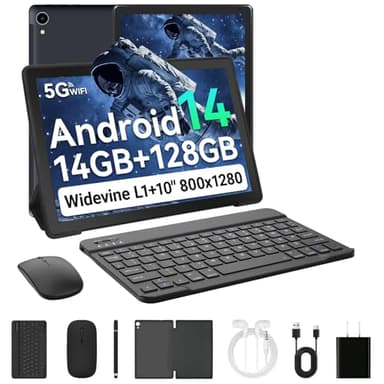 Laptok Android 14 Tablet 10 Pulgadas, 14GB +128GB+1TB, WiFi6/BT5.2/5000mAh, 8+5MP/1280 * 800/Widevine L1, Tablet PC con Stylus, Funda Protectora, Ratón Inalámbrico, Auriculares, Teclado Bluetooth