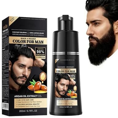 Negro Tinte Pelo Hombre 4 en 1 Champú Colorante con Aceite de Argán,Cobertura Natural de Canas Rápida y Suave,Champú Anticanas Hombre para Barba,Cabello y Bigote,Cuidado Diario, Fácil de Usar, 200ml