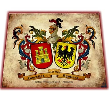 Escudos heráldicos de 2 apellidos. Impresión en DIN A3, acabado envejecido. De regalo, dos láminas con la simbología y un certificado de autenticidad. Regalo Boda Aniversario.