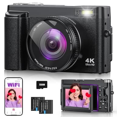 Cámara digital 4K 64MP con WiFi, zoom digital de 16X, pantalla abatible de 180° y enfoque automático, cámara de vlogging para selfies, cámara WiFi compacta con tarjeta de 32 GB y 2 baterías, ideal