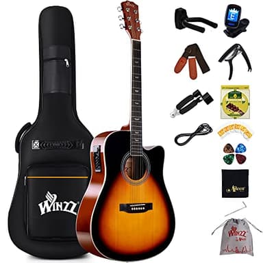 Winzz 4/4 Guitarra Electroacústica para Adultos, Guitarra Principiante Folk con Accesorios Completos(41 Pulgadas, Sunburst Brillante)