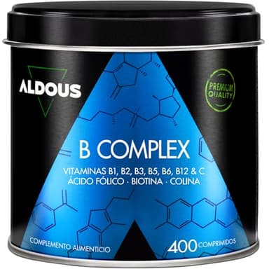 Vitamina B Complex + Vitamina C - 400 Comprimidos - Más de 1 Año - Multivitaminas - Complejo Vitamínico Completo - Vitamina B12, B1, B2, B3, B5, B6, Ácido Fólico, Biotina, Colina - Vegano - ALDOUS