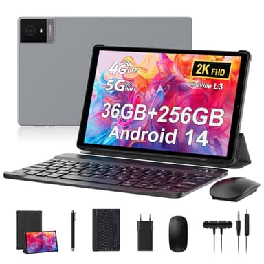 RUSHAR 2025 Newest Tablet 10.4 Pulgadas,Android 14 con 36GB RAM+256GB ROM(TF 1TB),4G LTE+5G WiFi,IPS 2K HD,8000mAh,Octa-Core,13MP+8MP,Bluetooth 5.0,Tablet con Teclado y Raton,Gris