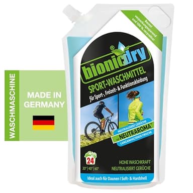 Bionicdry Detergente para deportes, limpieza + protección de ropa para cualquier condición meteorológica – ideal para exterior, deporte y ropa funcional, sin PFC, 24 lavados, 960 ml