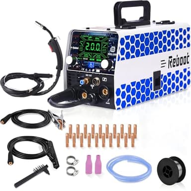 Máquina de Soldar MIG 200A - 5 en 1 Multiproceso (MIG Gas/Gasless/Lift TIG/ARC/Punto) Inversor 230V con LED Grande, Ideal para Principiantes y Profesionales,RBM2000 PRO