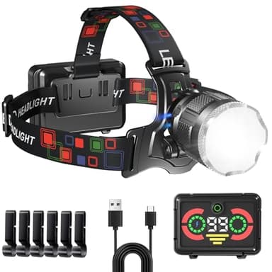 PEAKRO Linterna Frontal LED Recargable USB C, Linterna Cabeza LED Alta Potencia 5 Modos con Sensor, Luz de Advertencia, Batería 9000mAh, Luz Frontal Cabeza Potente Impermeable IP65 para Camping