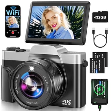 Camara de Fotos con WiFi, 64MP 4K Autofocus Camara Digital Compacta con Pantalla Flip De 180° De 3" Zoom Digital 16X, Tarjeta De 32 GB Estación de Carga, 2 Baterías para Principiantes, Adolescentes
