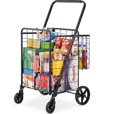 VEVOR Carro de Compra Plegable Carga de 50 kg con 4 Ruedas Más de 85 L Carro de Supermercado con 2 Cestas Carro de Compra de Hierro Carro Multiusos Resistente para IR de Compras
