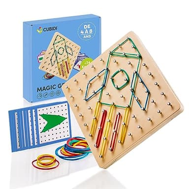 CUBIDI® Geobard de Madera Montessori con Gomas Elásticas. Geoplanos para Niños para Entrenar la Motricidad Fina y Promover el Pensamiento Espacial con 34 Tarjetas de Actividad.