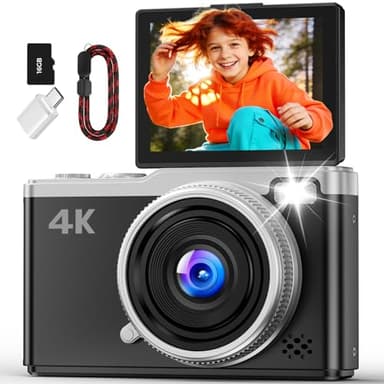 Camara de Fotos Digital 4K - Maxmango 64MP Cámara Digital con Pantalla Abatible 180° - 2.4" Vlogging Cámara Compacta con 16GB Tarjeta - Zoom 16X para Principiantes Adolescentes - Negro
